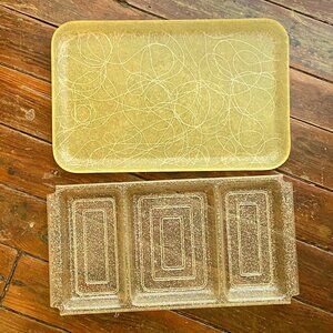 Vintage 50s MCM Gold Glitter Sparkle Plastic Perfume Vanity Nesting Trays 14x9"